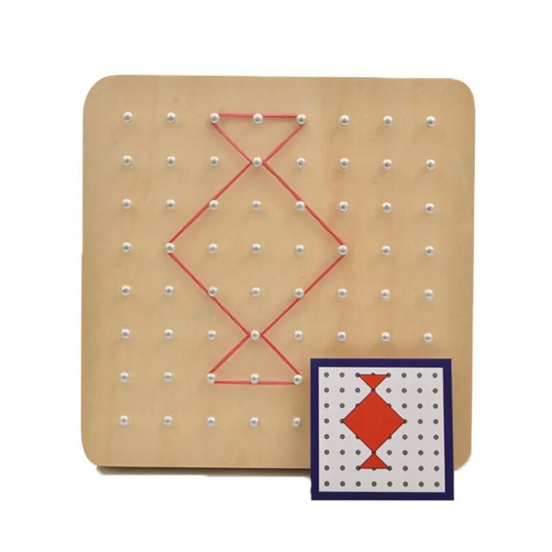 Montessori Graphics Nail Board pegboard with red lines and a diamond pattern card for kids learning.