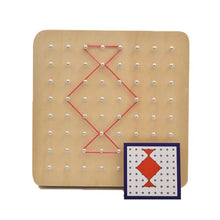 Montessori Graphics Nail Board pegboard with red lines and a diamond pattern card for kids learning.