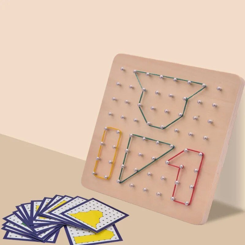 Wooden Montessori Graphics Nail Board pegboard with string shapes and pattern cards for kids play.