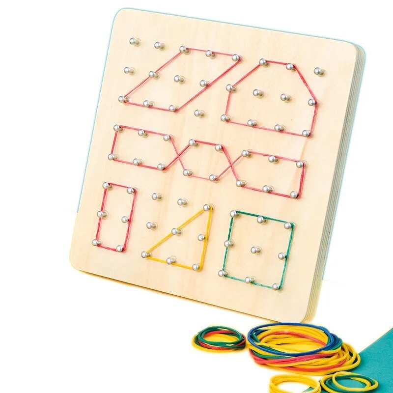 Wooden Montessori Graphics Nail Board pegboard toy with string and colorful rubber bands for kids.