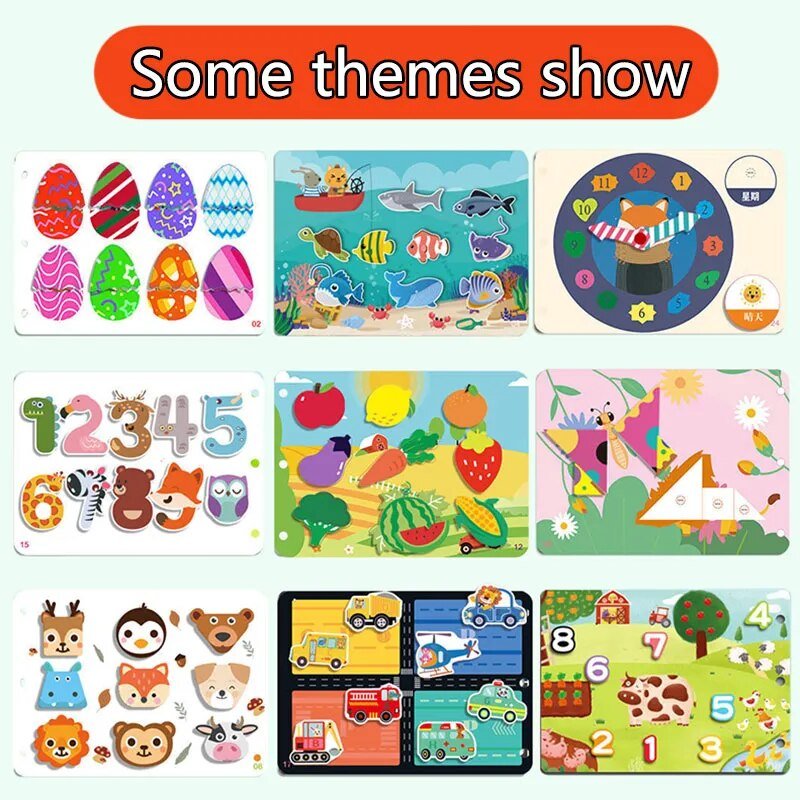 Collection of colorful Montessori Hook and Loop Quiet Book puzzles for toddler early learning play.