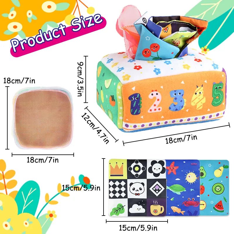 Colorful baby toy cube with educational patterns and measurements on a white background