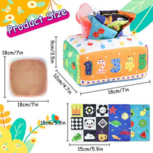 Colorful baby toy cube with educational patterns and measurements on a white background