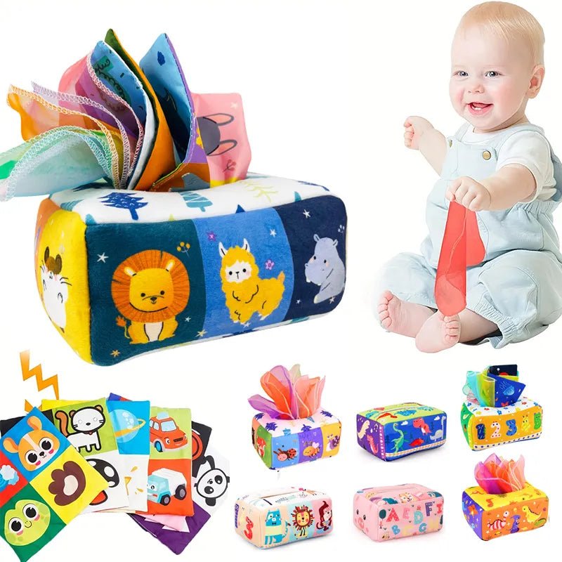 Baby playing with the Montessori Magic Tissue Box featuring colorful cartoon animal designs for sensory fun.