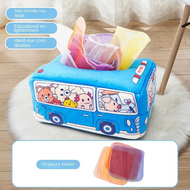 Blue cartoon bus-shaped Montessori Magic Tissue Box with gauze towels for baby sensory finger play.