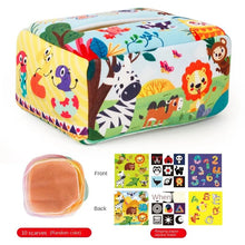 Montessori Magic Tissue Box cover with animal patterns and a fabric sample for baby sensory play.