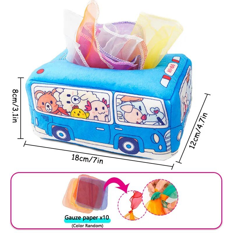 Blue cartoon bus-shaped tissue box with colorful tissues 