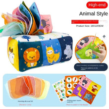 Montessori Magic Tissue Box fabric toy with animal designs and paper squares, second view for baby play.