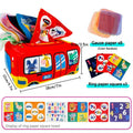 Red toy bus with gauze paper and ring paper square towel packaging, showing dimensions and product details.