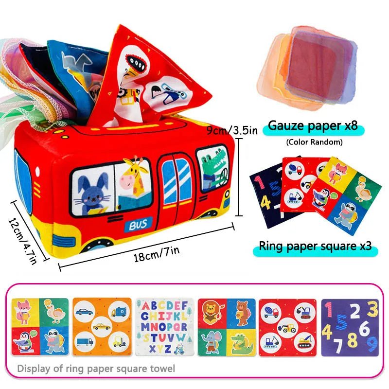Red toy bus with gauze paper and ring paper square towel packaging, showing dimensions and product details.