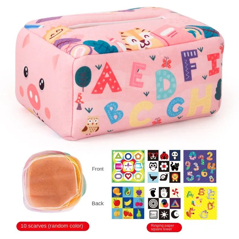 Pink Montessori Magic Tissue Box pouch with alphabet letters and cartoon designs for baby early learning.