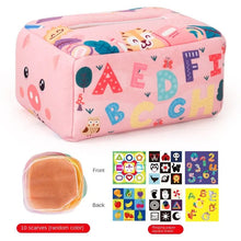 Pink Montessori Magic Tissue Box pouch with alphabet letters and cartoon designs for baby early learning.