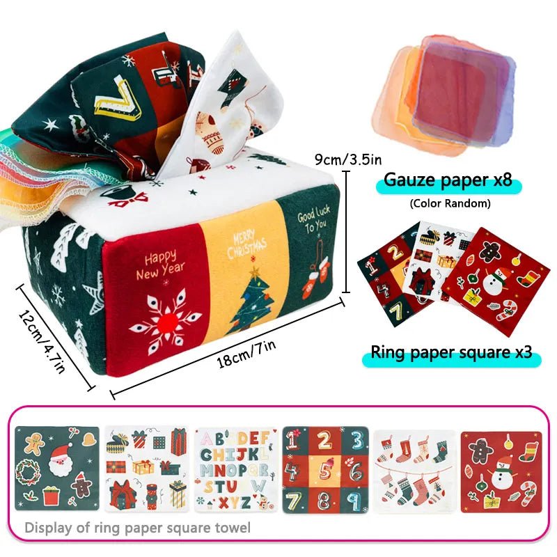 Packaging of gauze paper, ring paper square towels, and decorative items with measurements and product display.