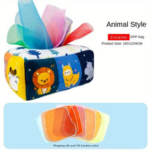 Montessori Magic Tissue Box rectangular pouch with animal designs and colorful scarves for baby play.