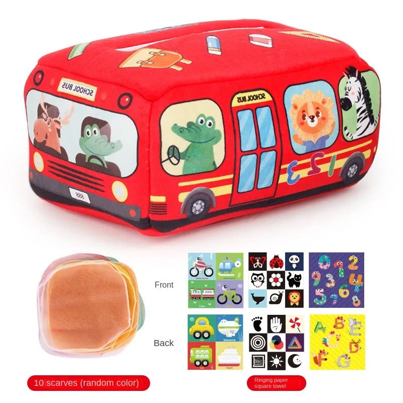 Red bus-shaped Montessori Magic Tissue Box with animal illustrations and pull scarves for baby sensory play.
