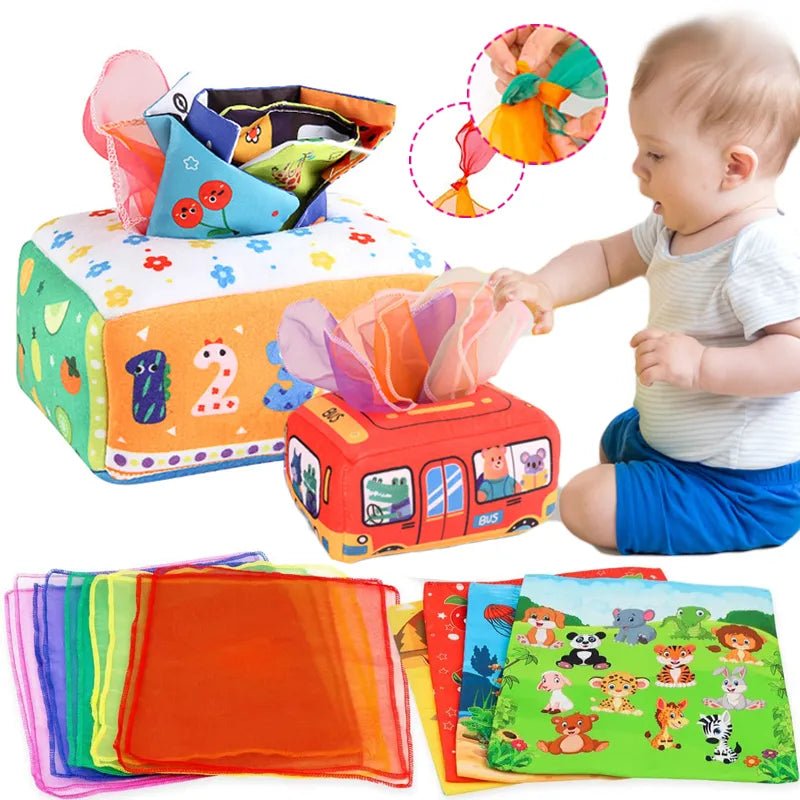Baby playing with colorful educational toys and cloth books.