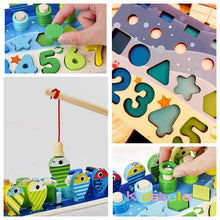 Collage of children playing with the Montessori Math Puzzle Fishing Toy and matching shape sorter.