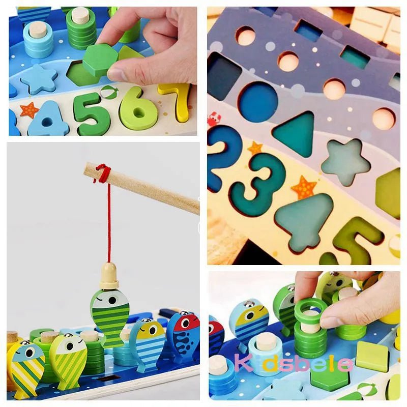 Collage of children playing with the Montessori Math Puzzle Fishing Toy and matching shape sorter.