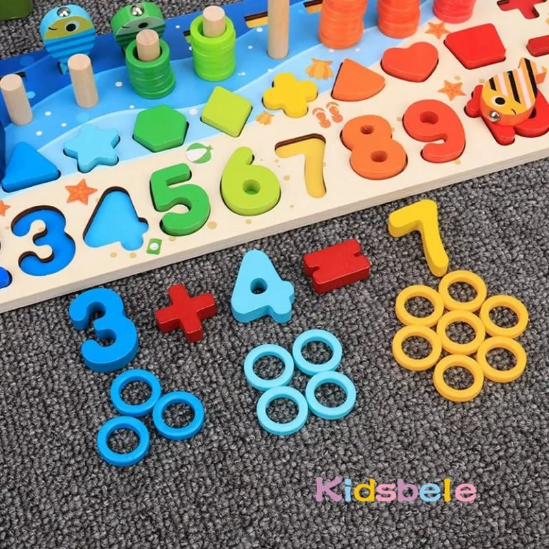 Colorful Montessori Math Puzzle Fishing Toy set with numbers and shapes for toddler educational play.