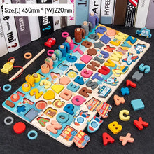 Colorful wooden Montessori Math Puzzle Fishing Toy puzzle with letters and numbers for toddler learning.