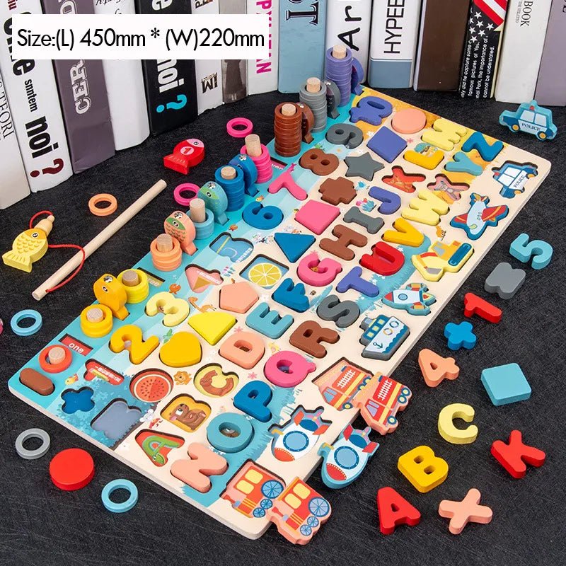 Colorful wooden Montessori Math Puzzle Fishing Toy puzzle with letters and numbers for toddler learning.