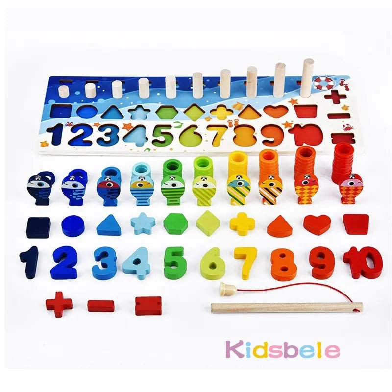 Montessori Math Puzzle Fishing Toy featuring numbers, shapes, and animals for children's early learning.