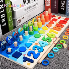Montessori Math Puzzle Fishing Toy with numbers and shapes displayed on a carpeted play floor.