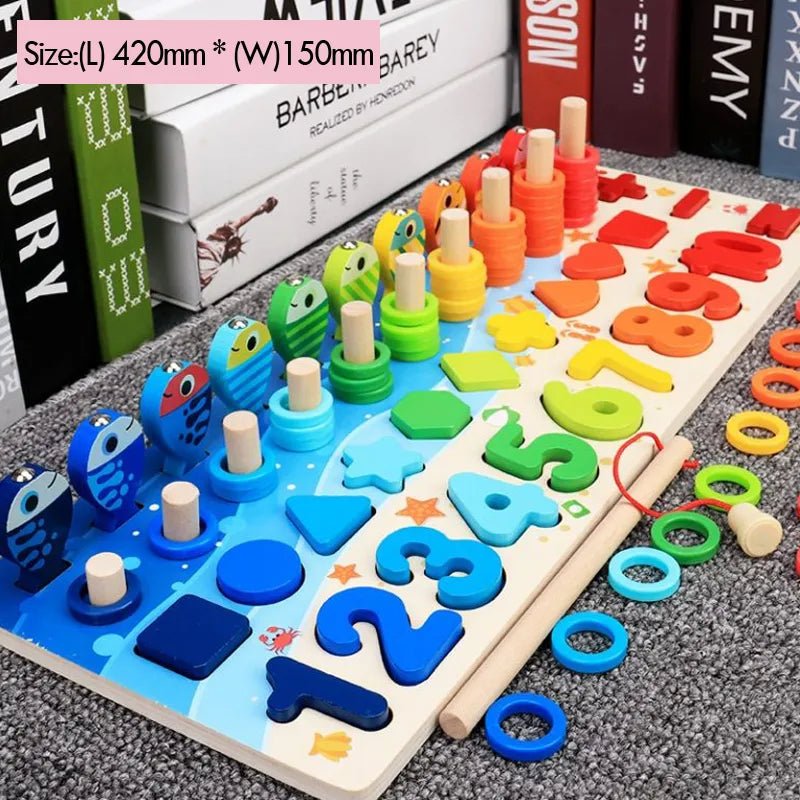 Colorful wooden Montessori Math Puzzle Fishing Toy pieces with numbers and shapes for toddler play.