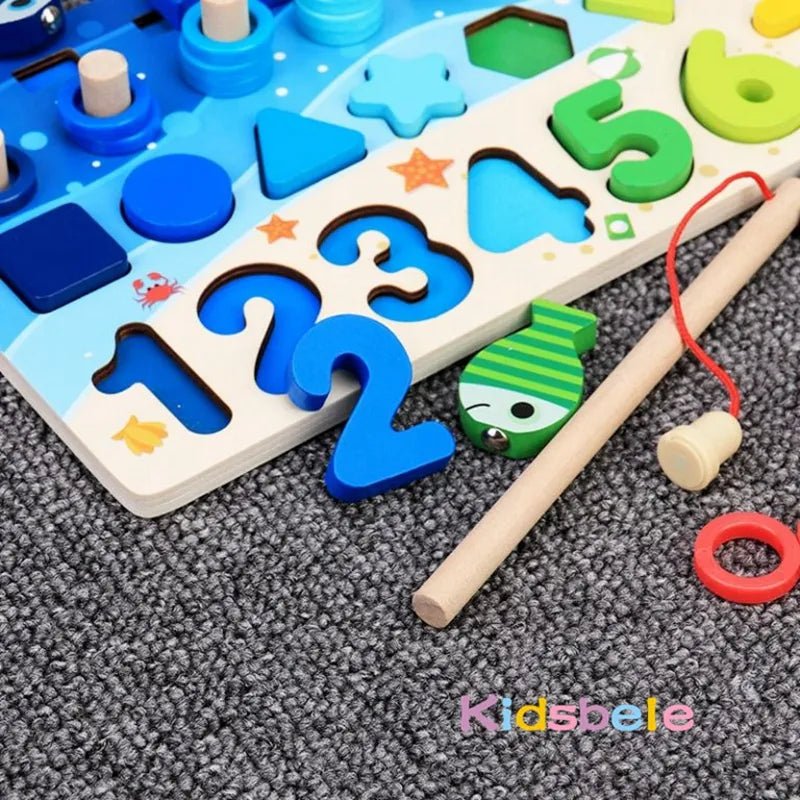 Wooden Montessori Math Puzzle Fishing Toy with numbers and shapes for toddler hands-on math practice.