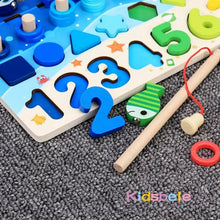 Wooden Montessori Math Puzzle Fishing Toy with numbers and shapes for toddler hands-on math practice.