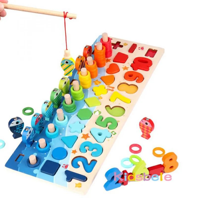 Colorful wooden Montessori Math Puzzle Fishing Toy game with shapes and numbers for toddler counting practice.