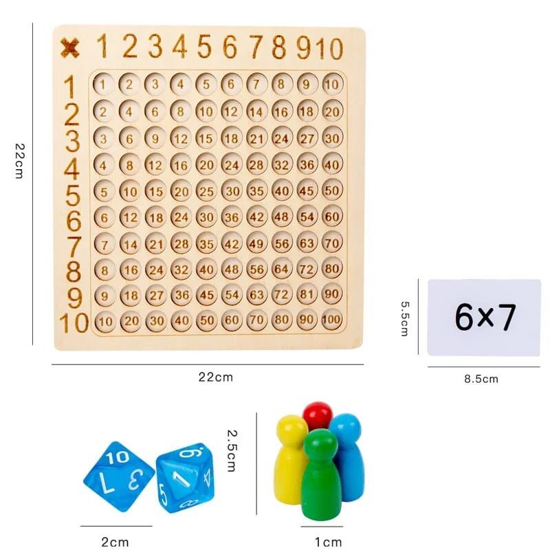 Wooden multiplication chart with measurements and game pieces.