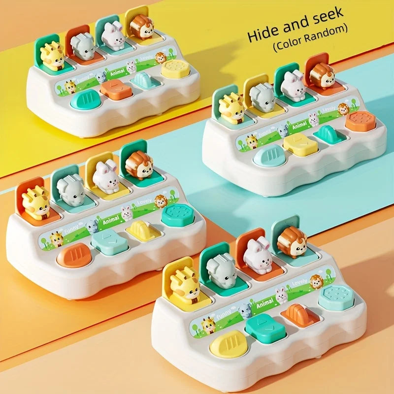 Four pop-up animal toys in different color schemes with hide and seek text