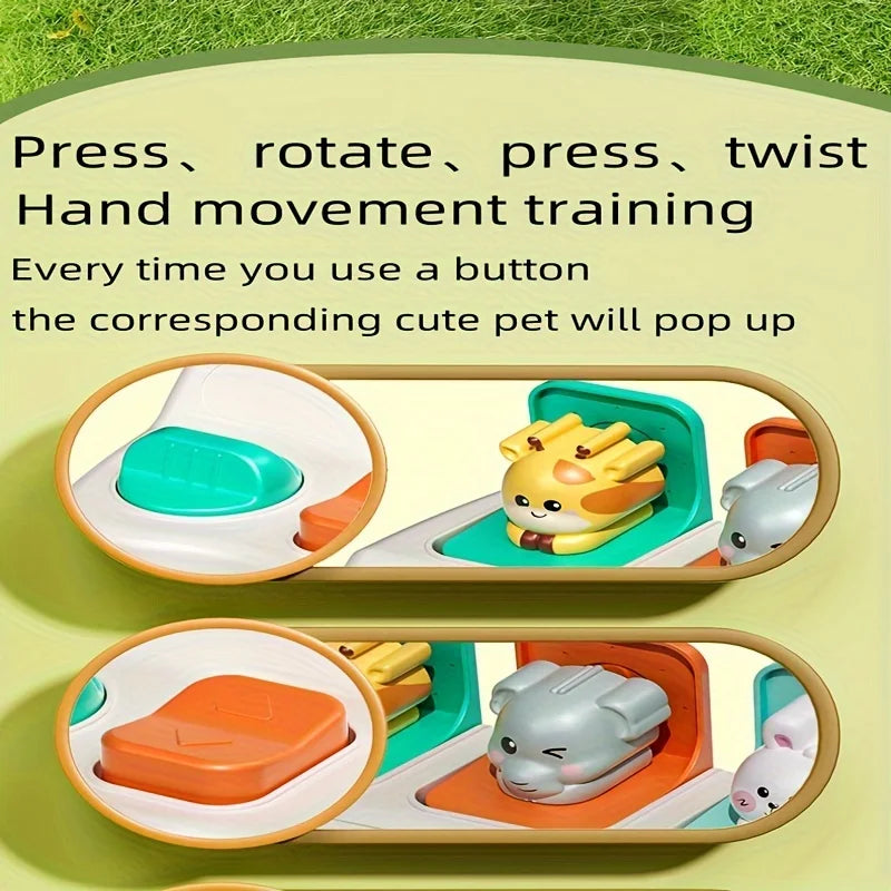 Close-up of pop-up animal toy buttons with text about pressing, rotating and twisting for hand movement training