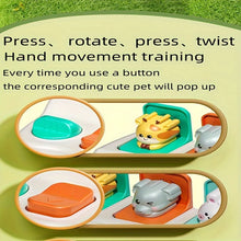 Close-up of pop-up animal toy buttons with text about pressing, rotating and twisting for hand movement training