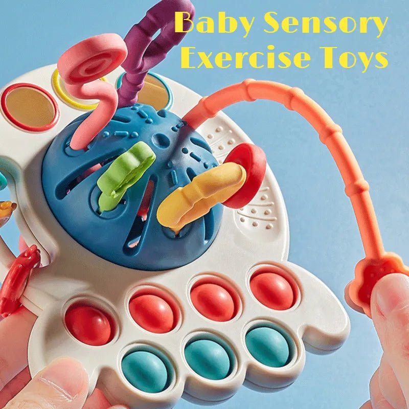 Baby sensory exercise toy with colorful components against a blue background