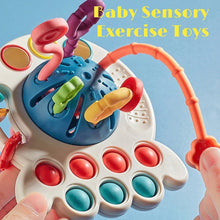Baby sensory exercise toy with colorful components against a blue background