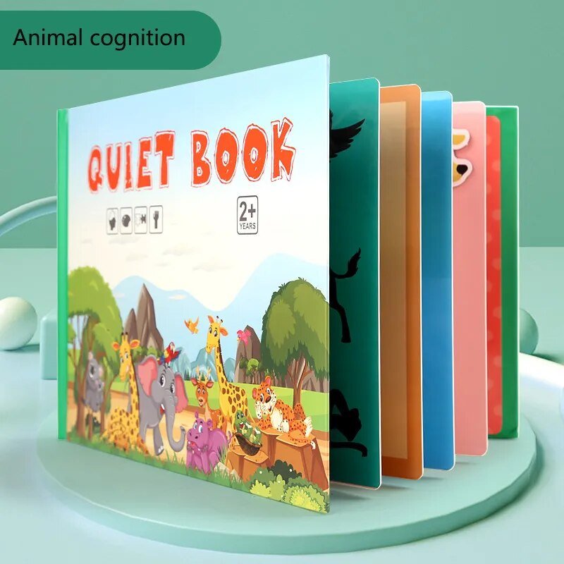 Montessori Quiet Book with animal illustrations on a green background, second view for toddler play.