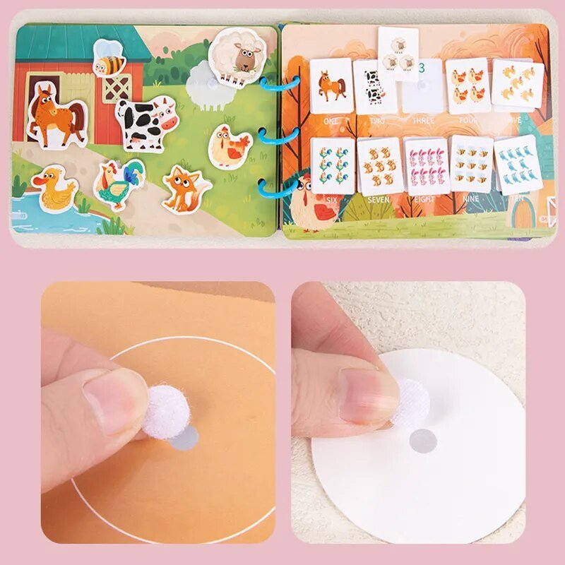 Montessori Quiet Book page with animal illustrations, shown with a child's hand holding a small round puzzle piece.