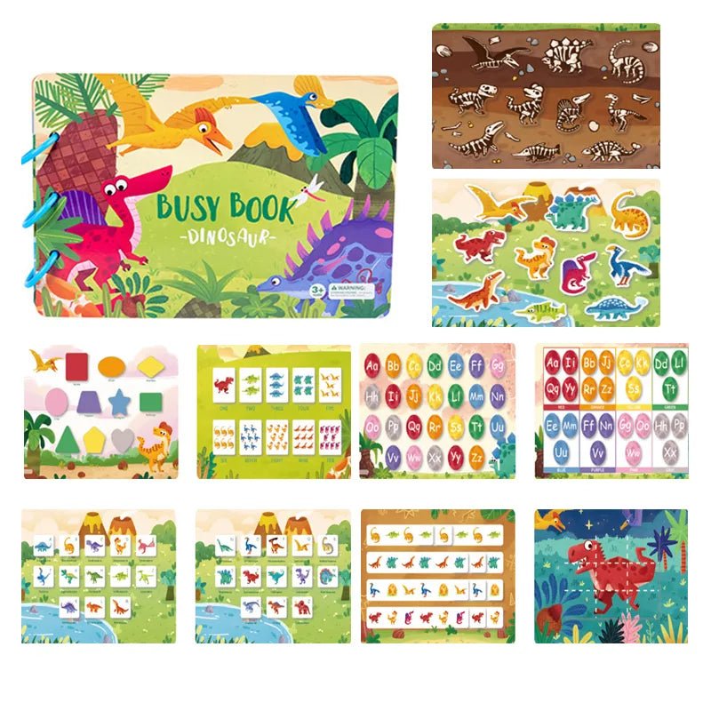 Collection of Montessori Quiet Book activities with a dinosaur theme, second view for toddler play.