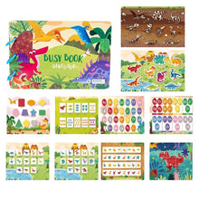Collection of Montessori Quiet Book activities with a dinosaur theme for toddler educational play.