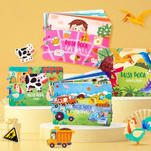 Collection of Montessori Quiet Books with various themes shown on a yellow background for toddler learning.