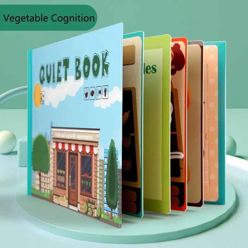 Montessori Quiet Book with colorful pages on a green background, second view for toddler quiet play.