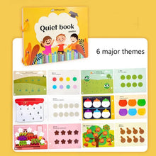 Montessori Quiet Book with colorful pages on a yellow background, second view for toddler quiet play.