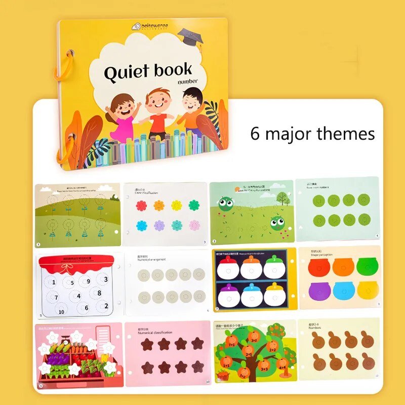 Montessori Quiet Book with colorful pages on a yellow background for toddler quiet time learning.