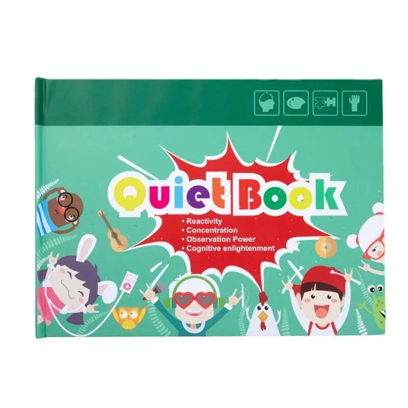 Montessori Quiet Book cover with colorful illustrations and text, second view on green background.