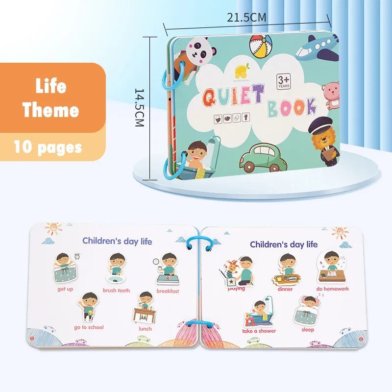 Montessori Quiet Book page illustrating a child's daily activities, shown with size dimensions and life theme label.