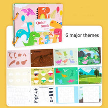 Montessori Quiet Book with dinosaur illustrations on a yellow background, second view for toddler play.