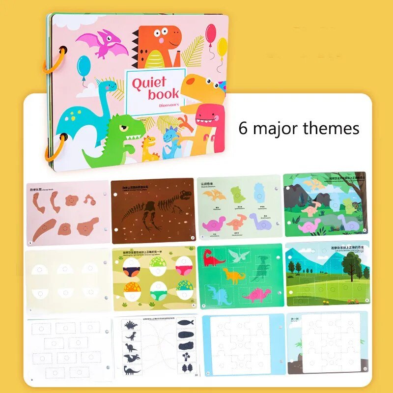 Montessori Quiet Book with dinosaur illustrations on a yellow background for toddler quiet play.