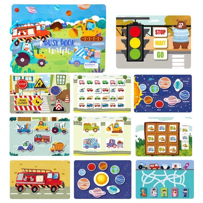 Collection of colorful Montessori Quiet Book educational cards with various illustrations for toddler learning.
